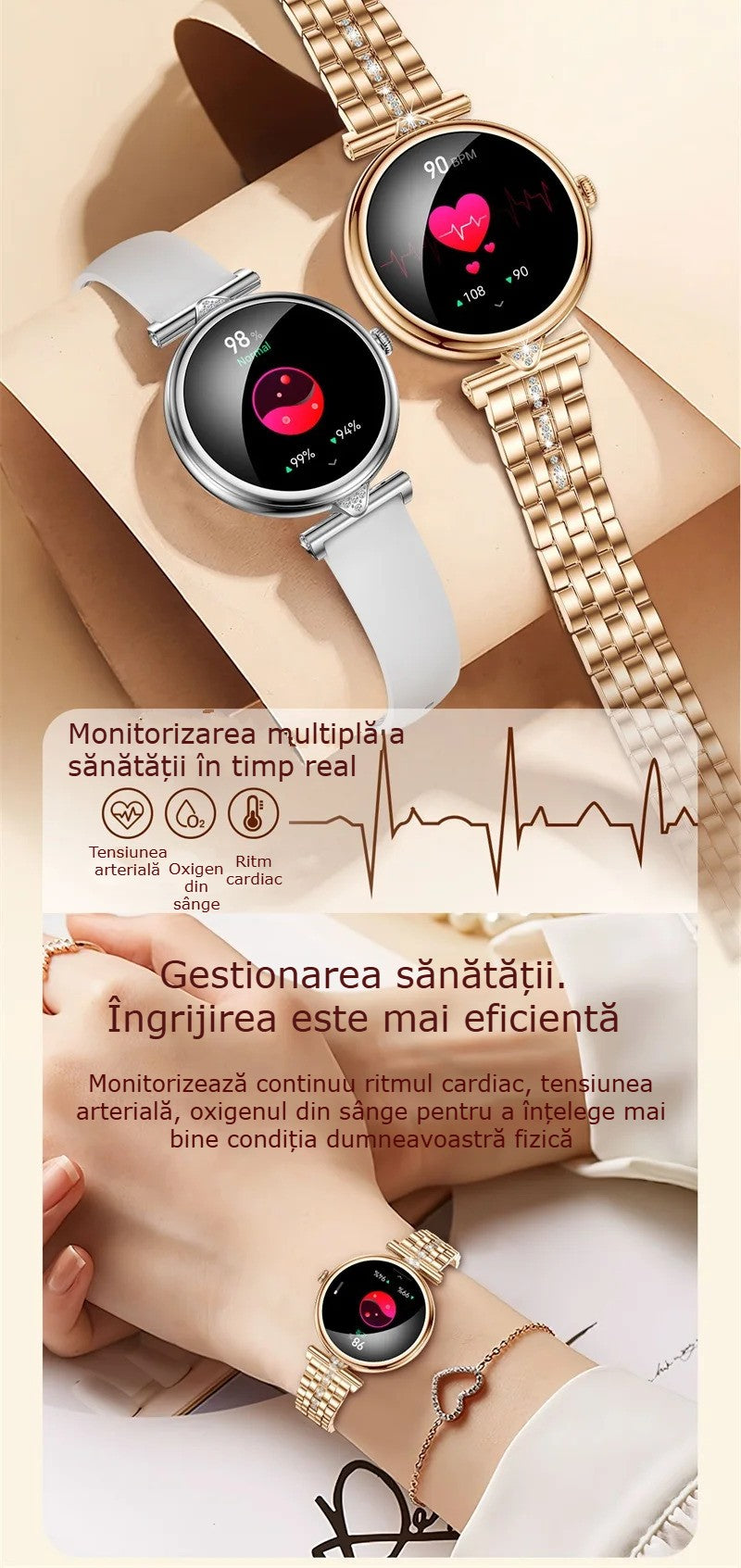 Smartwatch Dama GBV Logic AK73 Auriu, AMOLED 1.28 Inch, Apel Bluetooth, Monitorizare Puls, Oxigen Sange, Somn, IP68, 2 Curele, Android & iPhone