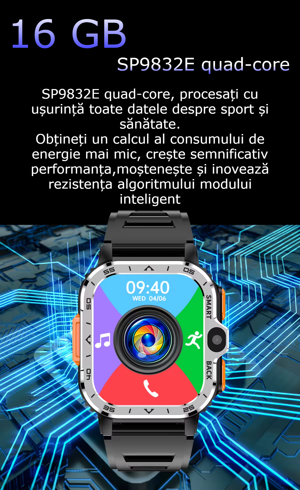 Smartwatch Android 4G cu SIM GBV Logic, Apel Video, Camera Duala 2MP+8MP, GPS, WiFi, 16GB Memorie, Baterie 800mAh