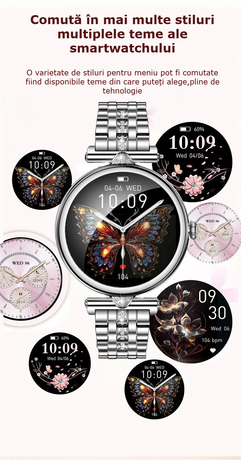 Smartwatch dama GBV Logic AK73, argintiu, ecran AMOLED 1.28 inch (32mm), Monitorizare puls, Oxigen Sange, Somn, 2 Curele