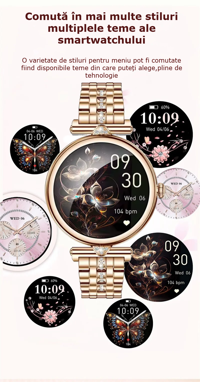 Smartwatch Dama GBV Logic AK73 Auriu, AMOLED 1.28 Inch, Apel Bluetooth, Monitorizare Puls, Oxigen Sange, Somn, IP68, 2 Curele, Android & iPhone
