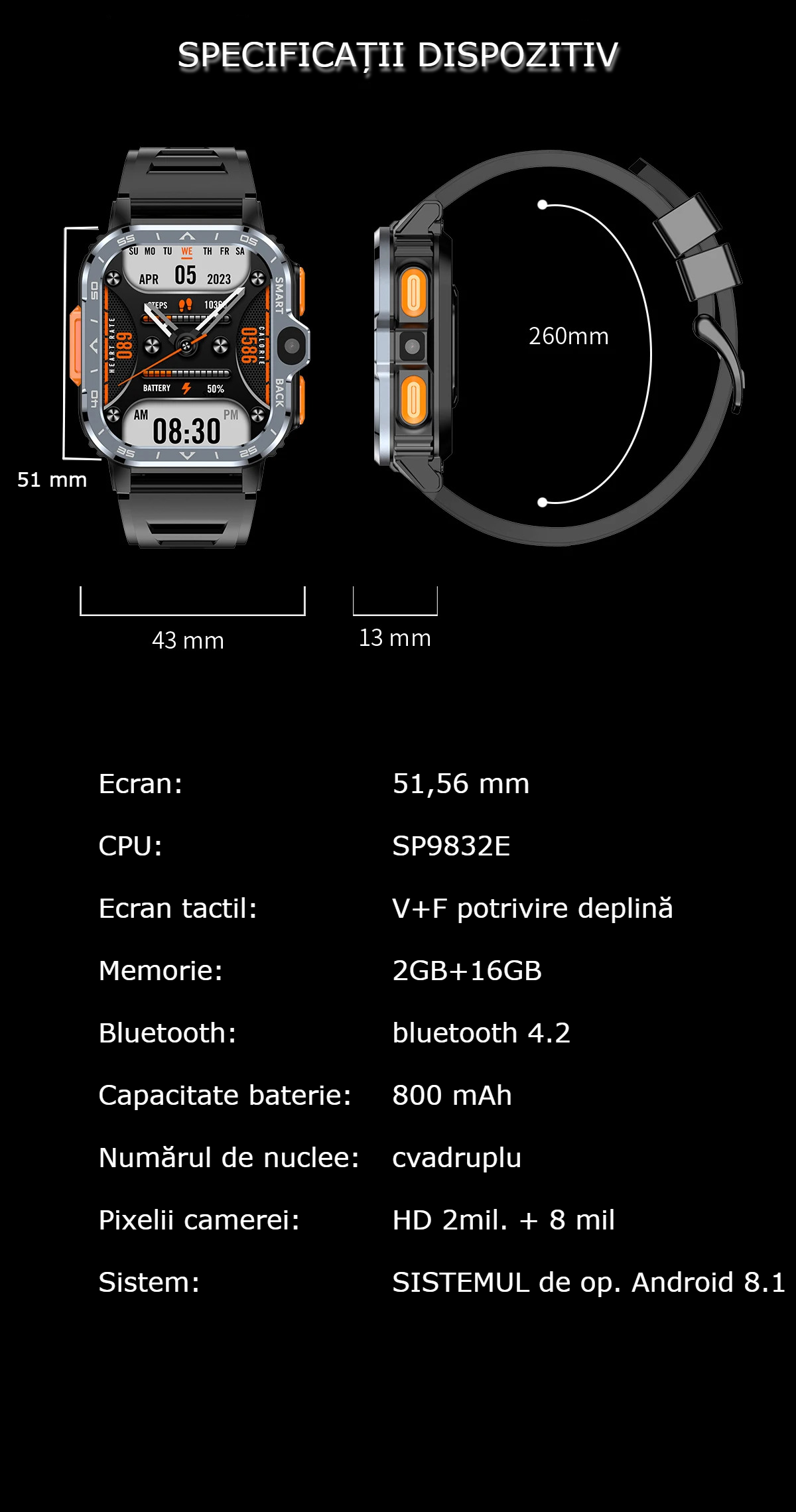 Smartwatch Android 4G cu SIM GBV Logic, Apel Video, Camera Duala 2MP+8MP, GPS, WiFi, 16GB Memorie, Baterie 800mAh