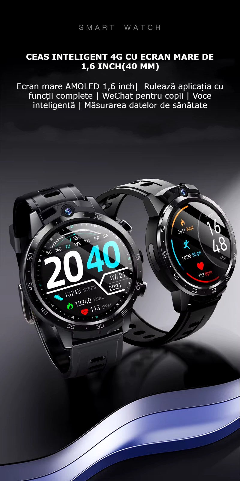 Smartwatch Telefon Android 4G cu SIM GBV LOGIC X600S, 16GB Memorie, Camera Duala 7MP+7MP, Ecran AMOLED, Apel Video, WiFi, Baterie 650mAh