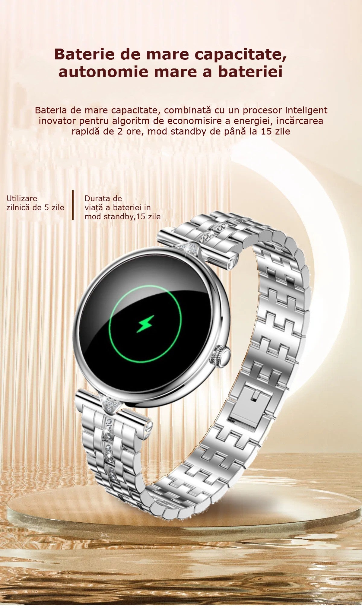 Smartwatch Dama GBV Logic AK73 Auriu, AMOLED 1.28 Inch, Apel Bluetooth, Monitorizare Puls, Oxigen Sange, Somn, IP68, 2 Curele, Android & iPhone