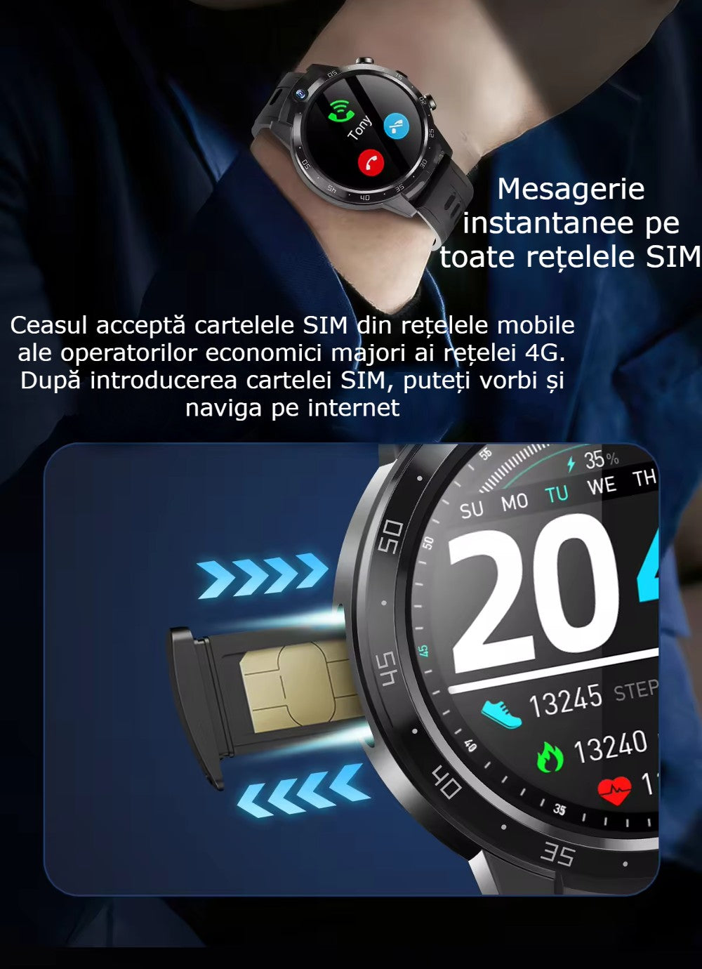 Smartwatch Telefon Android 4G cu SIM GBV LOGIC X600S, 16GB Memorie, Camera Duala 7MP+7MP, Ecran AMOLED, Apel Video, WiFi, Baterie 650mAh