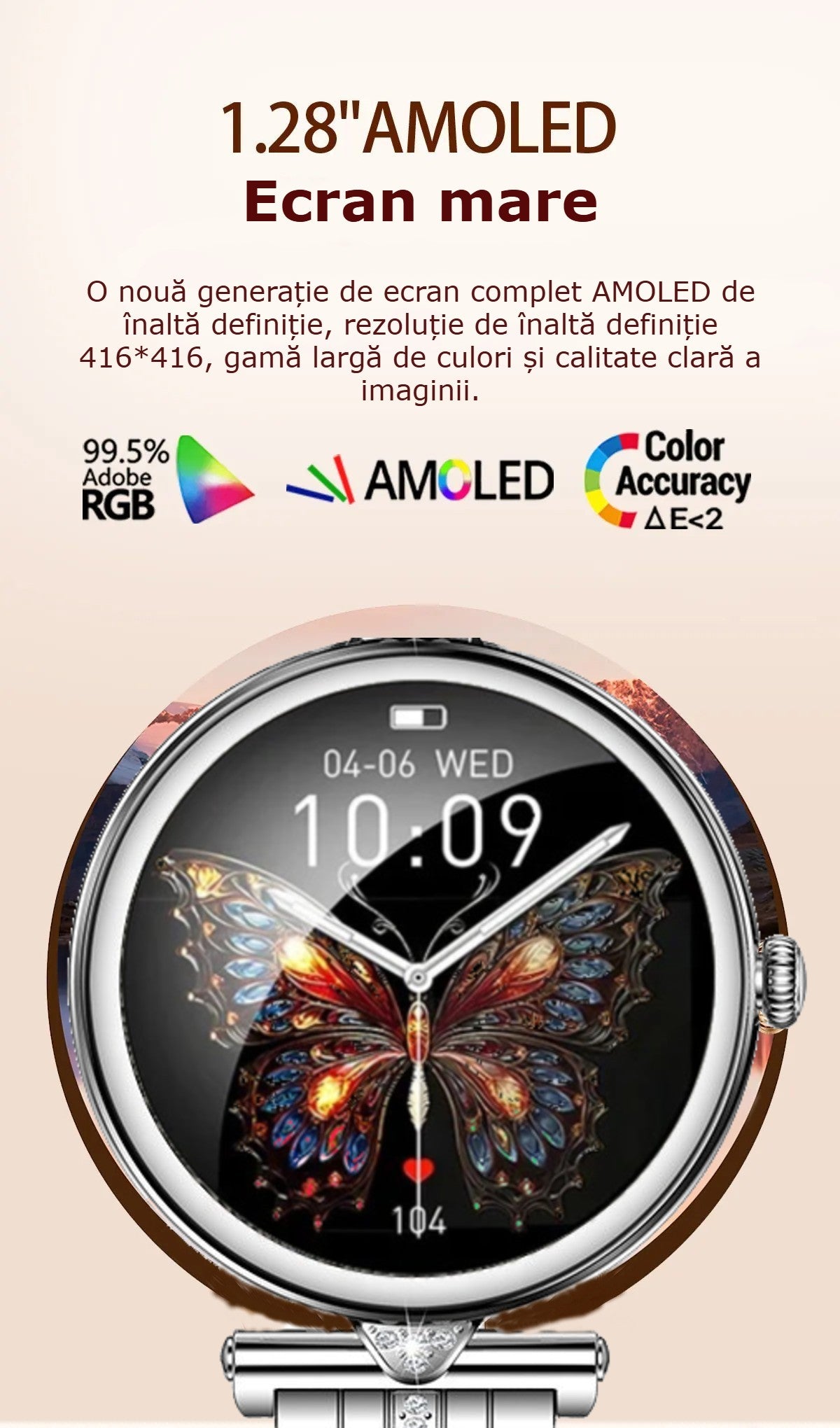 Smartwatch dama GBV Logic AK73, argintiu, ecran AMOLED 1.28 inch (32mm), Monitorizare puls, Oxigen Sange, Somn, 2 Curele