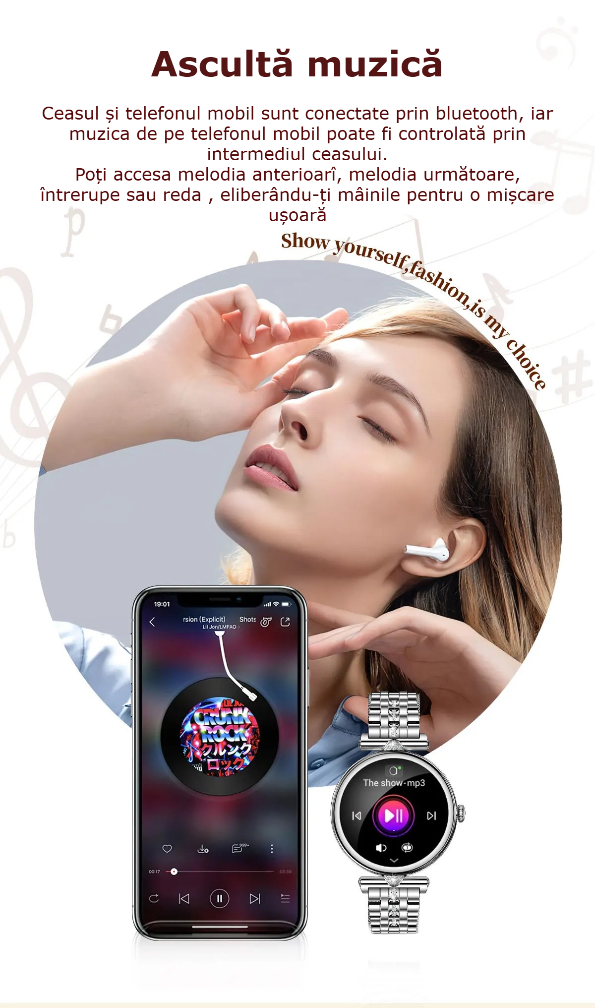 Smartwatch dama GBV Logic AK73, argintiu, ecran AMOLED 1.28 inch (32mm), Monitorizare puls, Oxigen Sange, Somn, 2 Curele