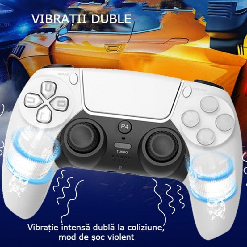 Controller Wireless PS4 GBV LOGIC, Gamepad Bluetooth, Functie Turbo, Vibratii Duble, Jack 3.5mm, LED Iluminat, Baterie 800mAh, Alb