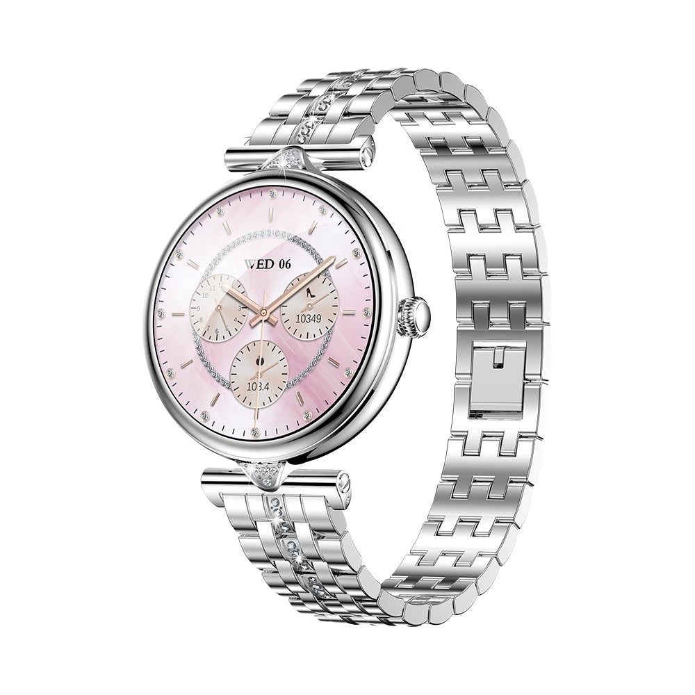 Smartwatch dama GBV Logic AK73, argintiu, ecran AMOLED 1.28 inch (32mm), Monitorizare puls, Oxigen Sange, Somn, 2 Curele
