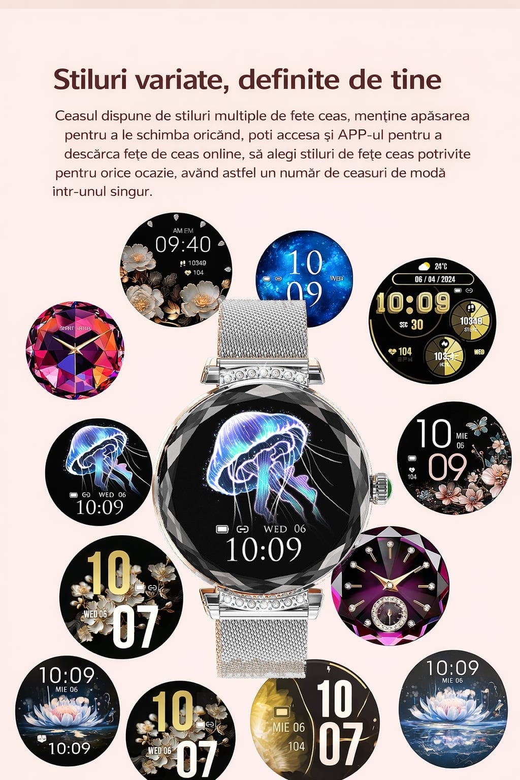 Smartwatch Dama GBV Logic S336,3 Curele Incluse, Ecran AMOLED 30mm, Monitorizare Puls, Somn,Oxigen, Fitness, Bluetooth,