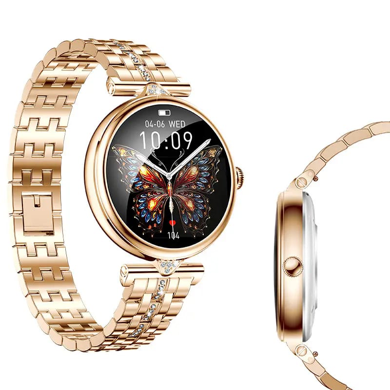 Smartwatch Dama GBV Logic AK73 Auriu, AMOLED 1.28 Inch, Apel Bluetooth, Monitorizare Puls, Oxigen Sange, Somn, IP68, 2 Curele, Android & iPhone