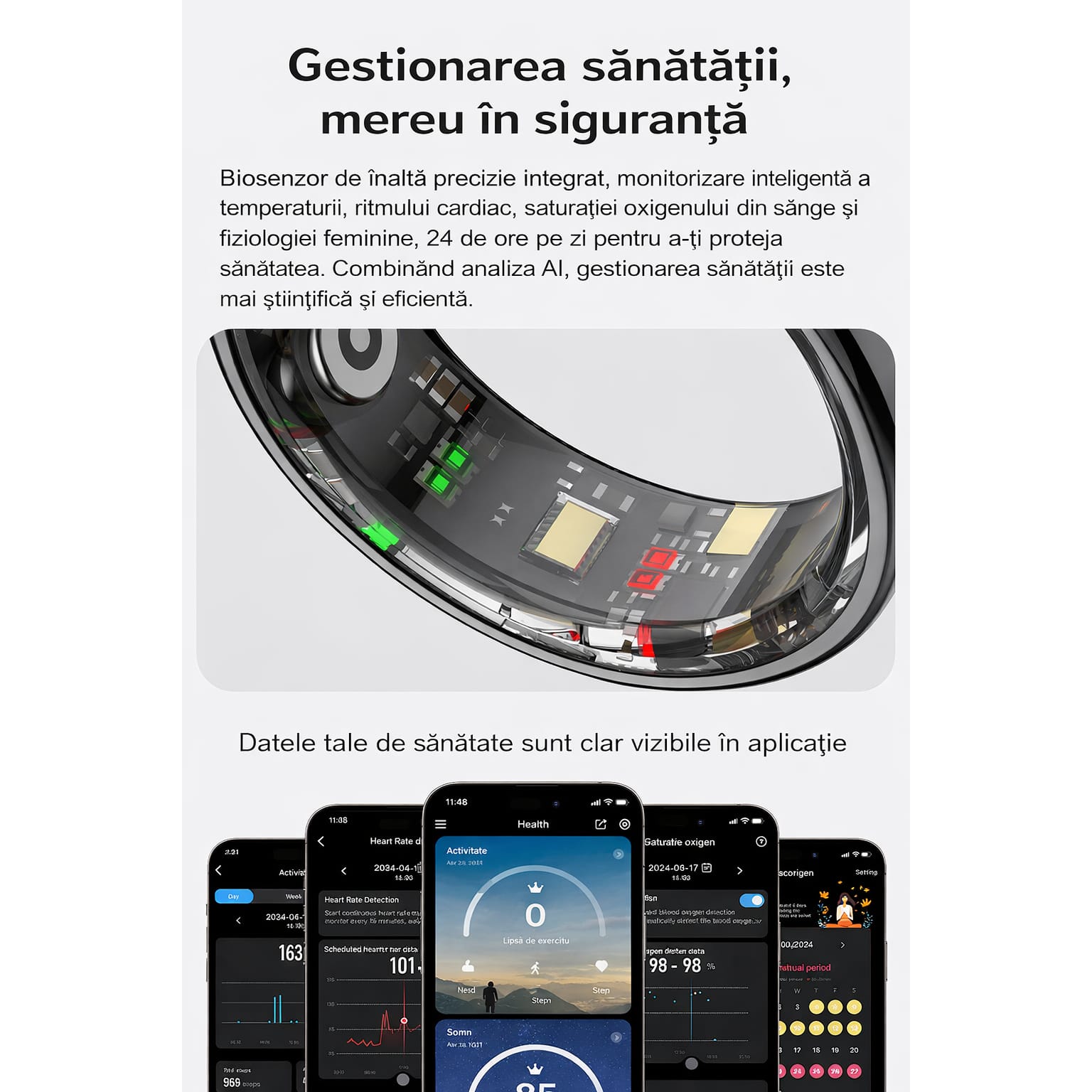 Inel Inteligent Smart Ring GBV LOGIC R08 Gri, Marimea 8 (18,3 mm), Monitorizare Somn, Ritm Cardiac, Oxigen Sanguin SpO2, Fitness Tracker, Android & iPhone, Autonomie 5 Zile