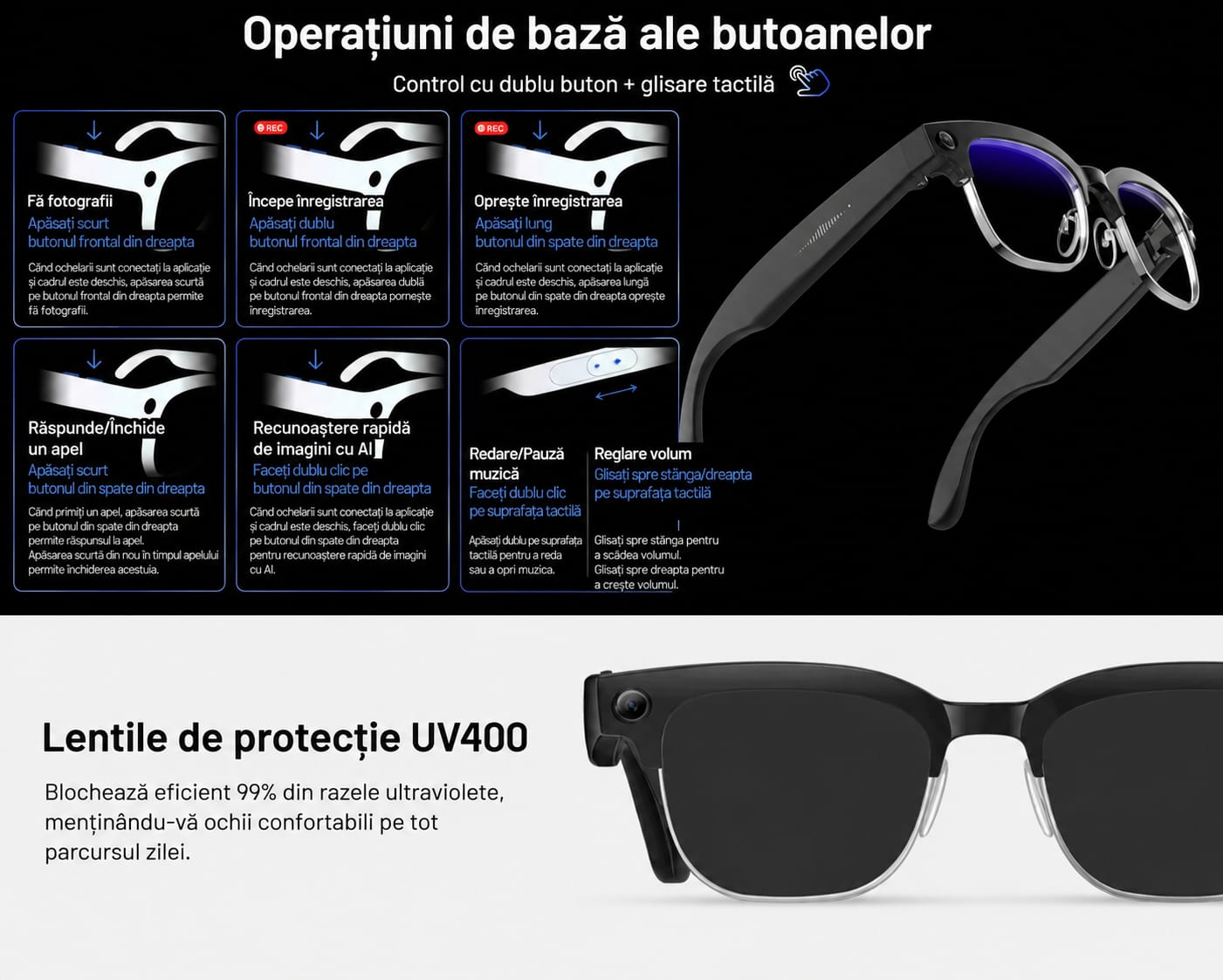 Ochelari Inteligenti AI GBV Logic W630, Camera Sony 8MP Full HD 1080P, ChatGPT, Traducere in Timp Real, Limba Romana, Lentile heliomate, Bluetooth 5.4, Apeluri Hands-Free, UV400, Difuzor si microfon incorporat