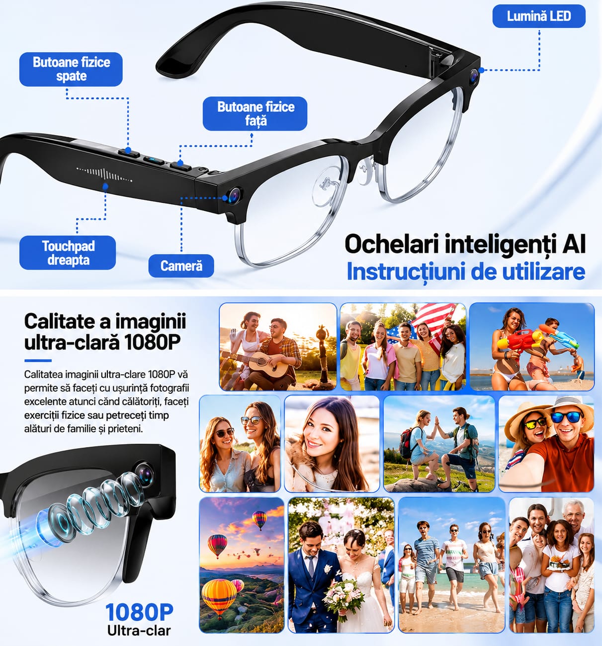 Ochelari Inteligenti AI GBV Logic W630, Camera Sony 8MP Full HD 1080P, ChatGPT, Traducere in Timp Real, Limba Romana, Lentile heliomate, Bluetooth 5.4, Apeluri Hands-Free, UV400, Difuzor si microfon incorporat