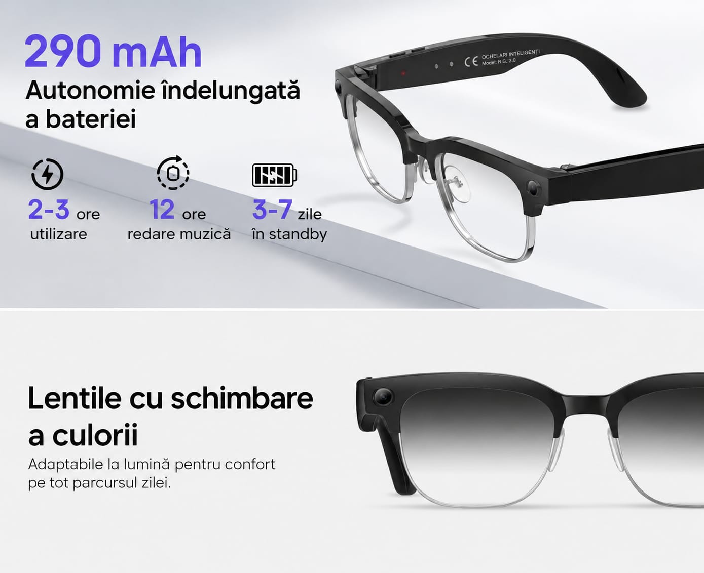 Ochelari Inteligenti AI GBV Logic W630, Camera Sony 8MP Full HD 1080P, ChatGPT, Traducere in Timp Real, Limba Romana, Lentile heliomate, Bluetooth 5.4, Apeluri Hands-Free, UV400, Difuzor si microfon incorporat