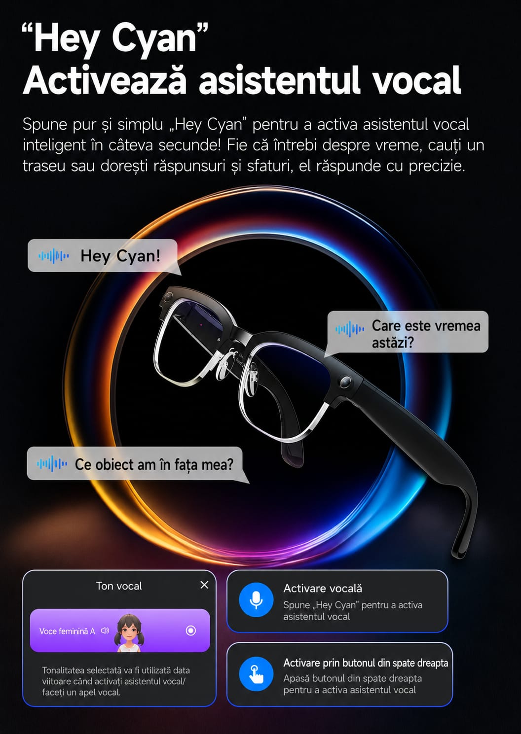 Ochelari Inteligenti AI GBV Logic W630, Camera Sony 8MP Full HD 1080P, ChatGPT, Traducere in Timp Real, Limba Romana, Lentile heliomate, Bluetooth 5.4, Apeluri Hands-Free, UV400, Difuzor si microfon incorporat