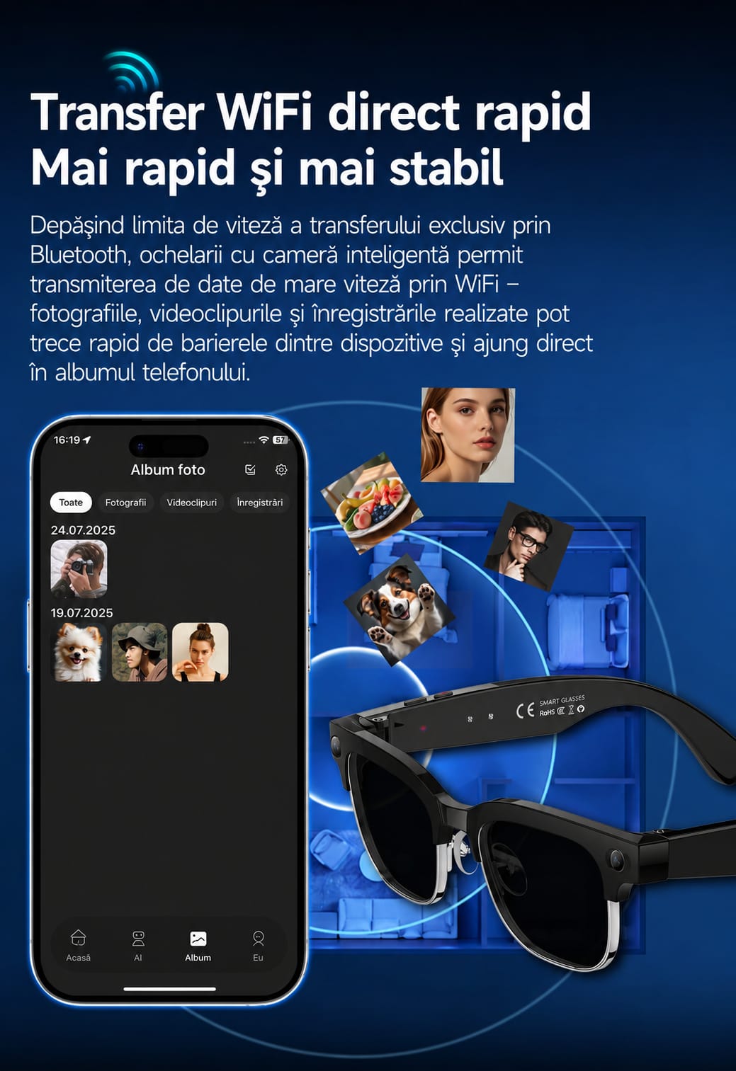 Ochelari Inteligenti AI GBV Logic W630, Camera Sony 8MP Full HD 1080P, ChatGPT, Traducere in Timp Real, Limba Romana, Lentile heliomate, Bluetooth 5.4, Apeluri Hands-Free, UV400, Difuzor si microfon incorporat