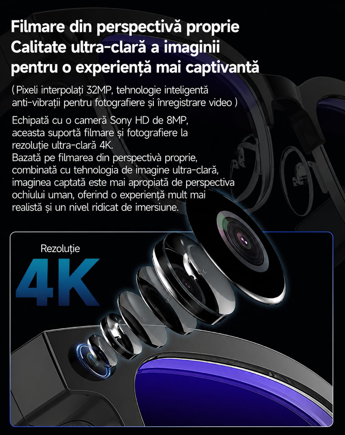 Ochelari Inteligenti AI GBV Logic W630, Camera Sony 8MP Full HD 1080P, ChatGPT, Traducere in Timp Real, Limba Romana, Lentile heliomate, Bluetooth 5.4, Apeluri Hands-Free, UV400, Difuzor si microfon incorporat