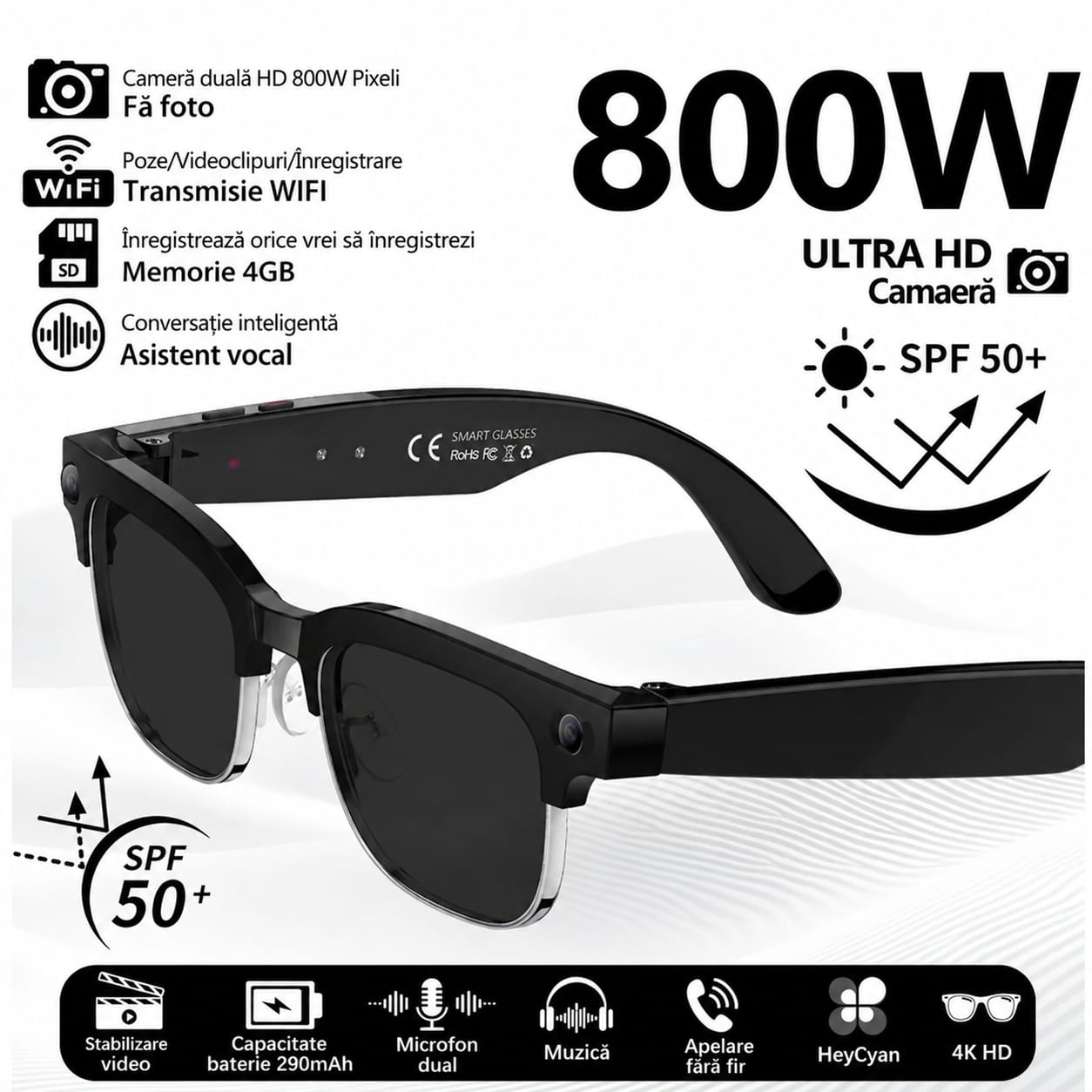 Ochelari Inteligenti AI GBV Logic W630, Camera Sony 8MP Full HD 1080P, ChatGPT, Traducere in Timp Real, Limba Romana, Lentile heliomate, Bluetooth 5.4, Apeluri Hands-Free, UV400, Difuzor si microfon incorporat