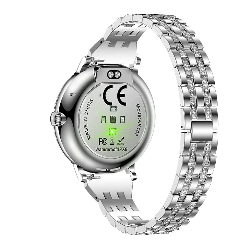 Smartwatch Damă GBV LOGIC AK107 – Ecran AMOLED 1.19" (30,22 mm), Apel Bluetooth 5.4, AI, Monitorizare Sănătate, IP68, Curea Metalică Elegantă cu Diamante + Curea Silicon Cadou