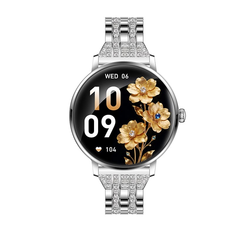 Smartwatch Damă GBV LOGIC AK107 – Ecran AMOLED 1.19" (30,22 mm), Apel Bluetooth 5.4, AI, Monitorizare Sănătate, IP68, Curea Metalică Elegantă cu Diamante + Curea Silicon Cadou