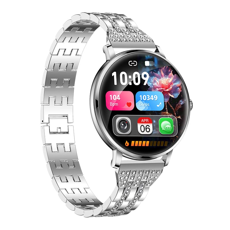 Smartwatch Damă GBV LOGIC AK107 – Ecran AMOLED 1.19" (30,22 mm), Apel Bluetooth 5.4, AI, Monitorizare Sănătate, IP68, Curea Metalică Elegantă cu Diamante + Curea Silicon Cadou