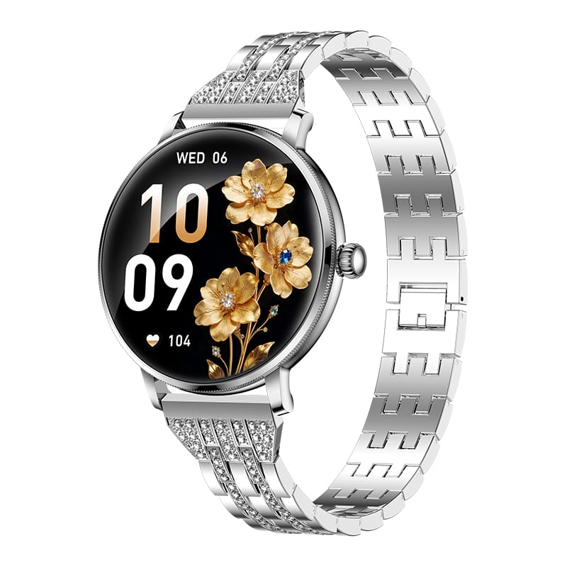 Smartwatch Damă GBV LOGIC AK107 – Ecran AMOLED 1.19" (30,22 mm), Apel Bluetooth 5.4, AI, Monitorizare Sănătate, IP68, Curea Metalică Elegantă cu Diamante + Curea Silicon Cadou