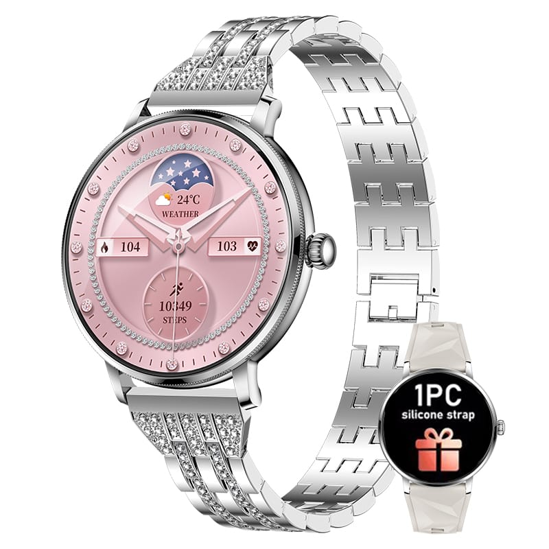 Smartwatch Damă GBV LOGIC AK107 – Ecran AMOLED 1.19" (30,22 mm), Apel Bluetooth 5.4, AI, Monitorizare Sănătate, IP68, Curea Metalică Elegantă cu Diamante + Curea Silicon Cadou