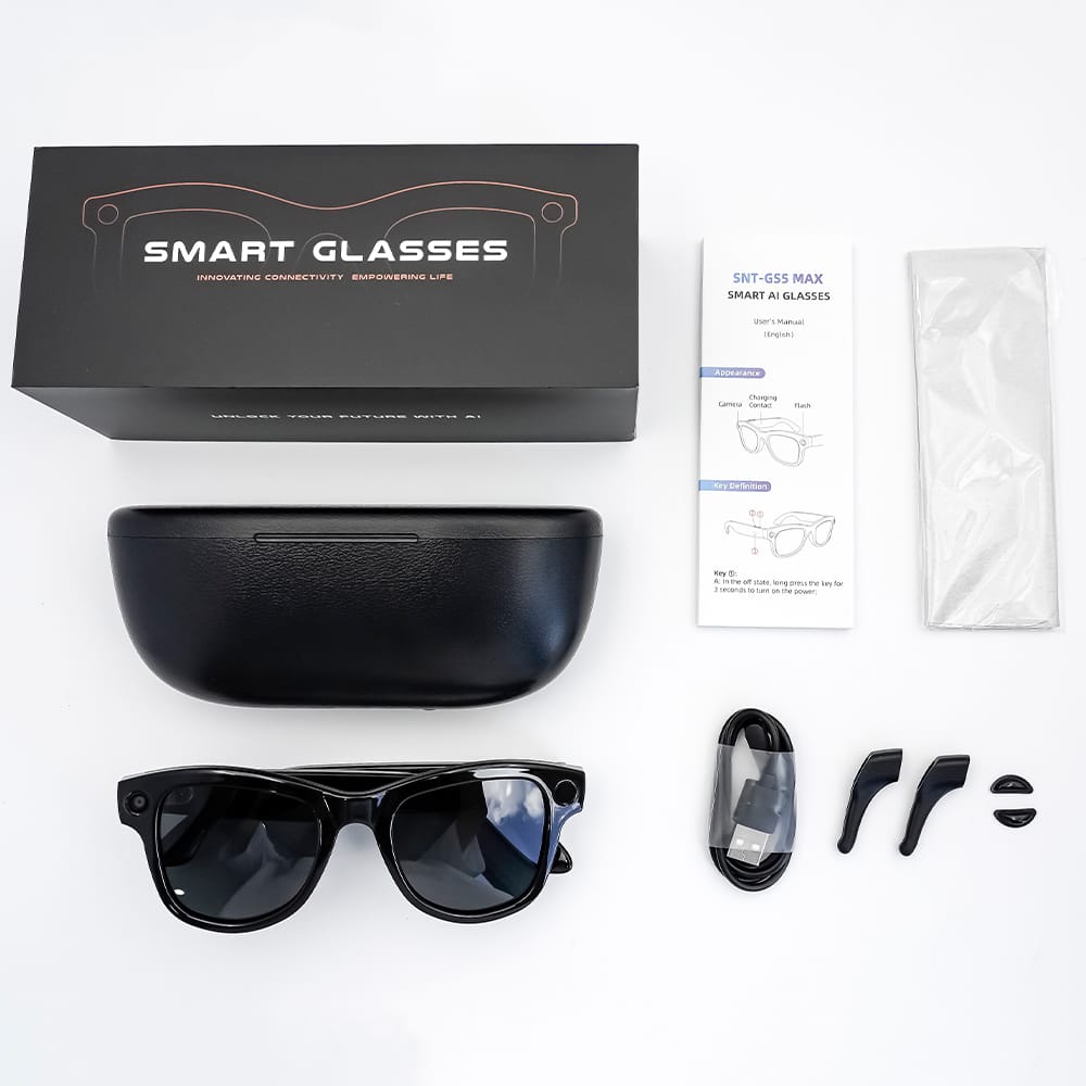 Ochelari Inteligenti AI GBV Logic GS 5MAX cu husa de incarcare, Camera Sony 8MP 4K HD, Traducere in Timp Real, Asistent AI, Apeluri Bluetooth 5.3, Microfon Dual, Lentile Fotocromatice, Husa Power Bank 3600mAh, IP54