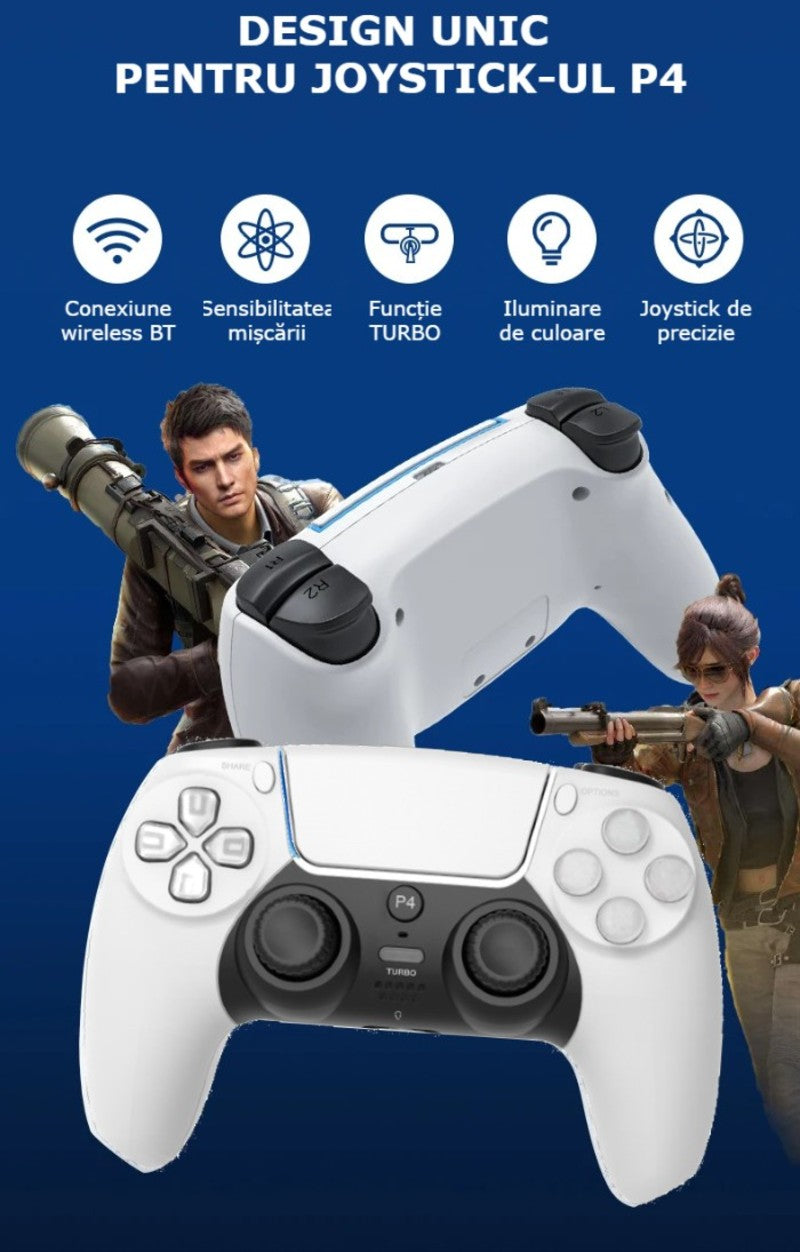 Controller Wireless PS4 GBV LOGIC, Gamepad Bluetooth, Functie Turbo, Vibratii Duble, Jack 3.5mm, LED Iluminat, Baterie 800mAh, Alb