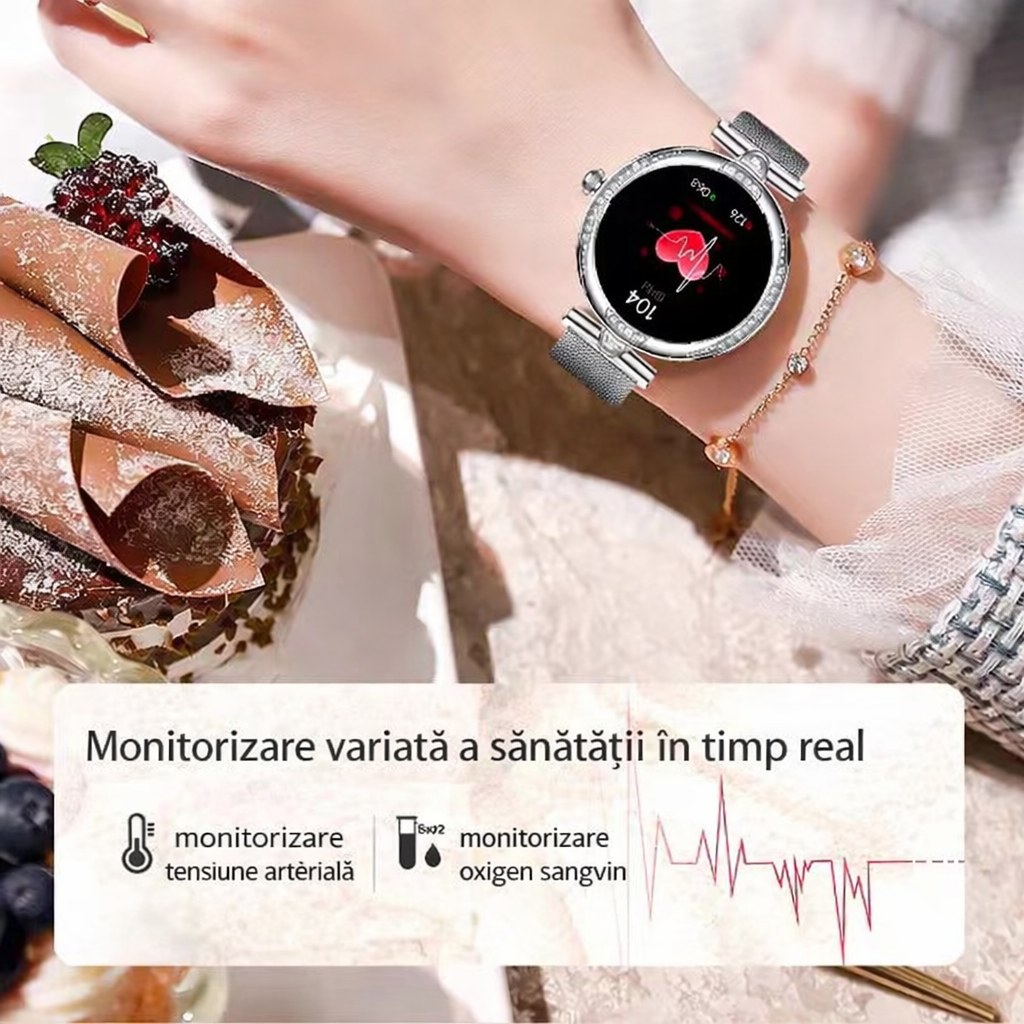 Smartwatch dama GBV Logic S333,cu 3 Curele Incluse, Ecran AMOLED 30mm, Monitorizare Puls, Somn,Oxigen, Fitness, Bluetooth,