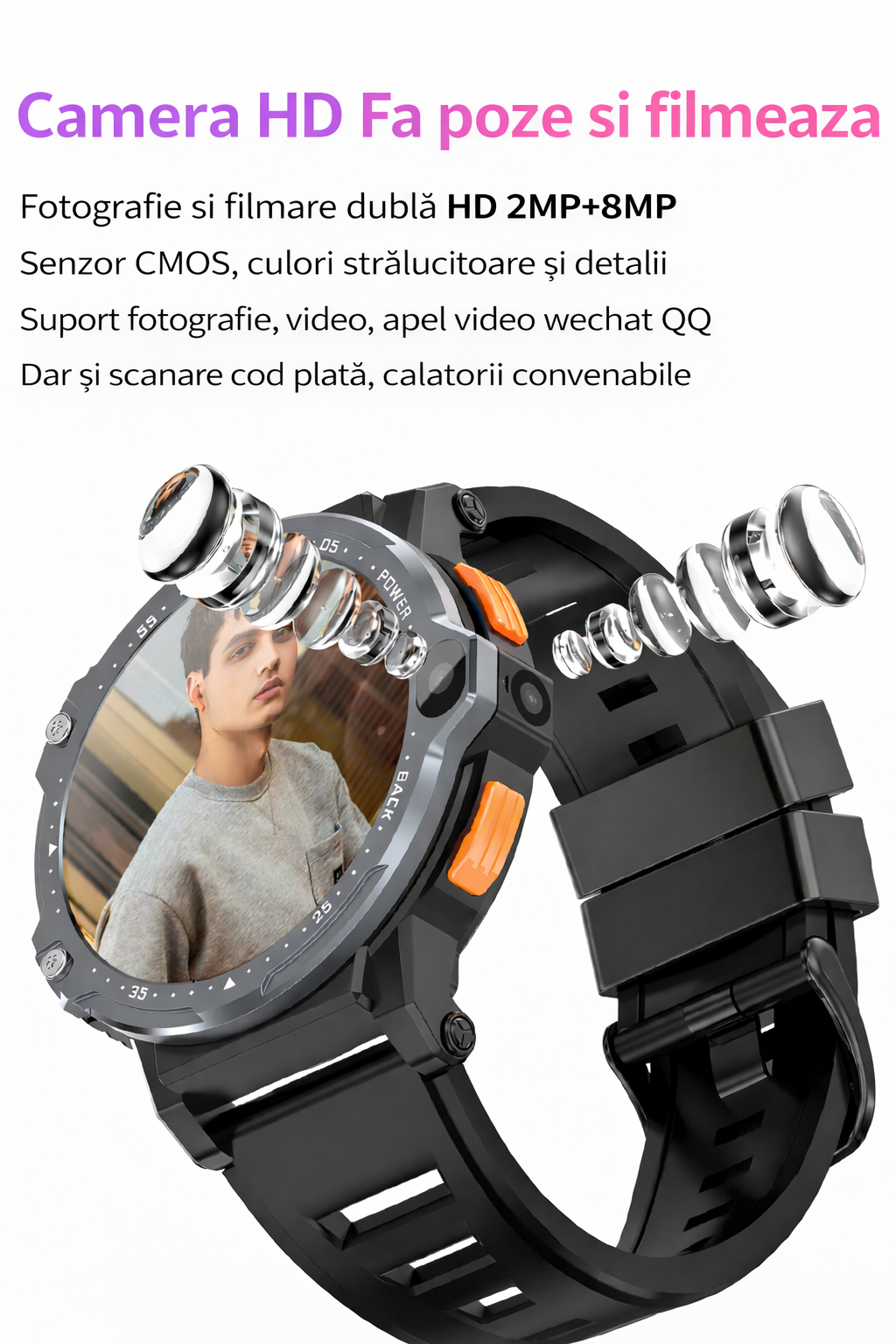 Smartwatch cu SIM și cameră foto GBV LOGIC PG999 2MP+8MP, sistem de operare android, display 1, 54 inch(39 mm), baterie 800 mAh, monitorizare ritm cardiac, moduri sport, tensiometru, memorie 16gb