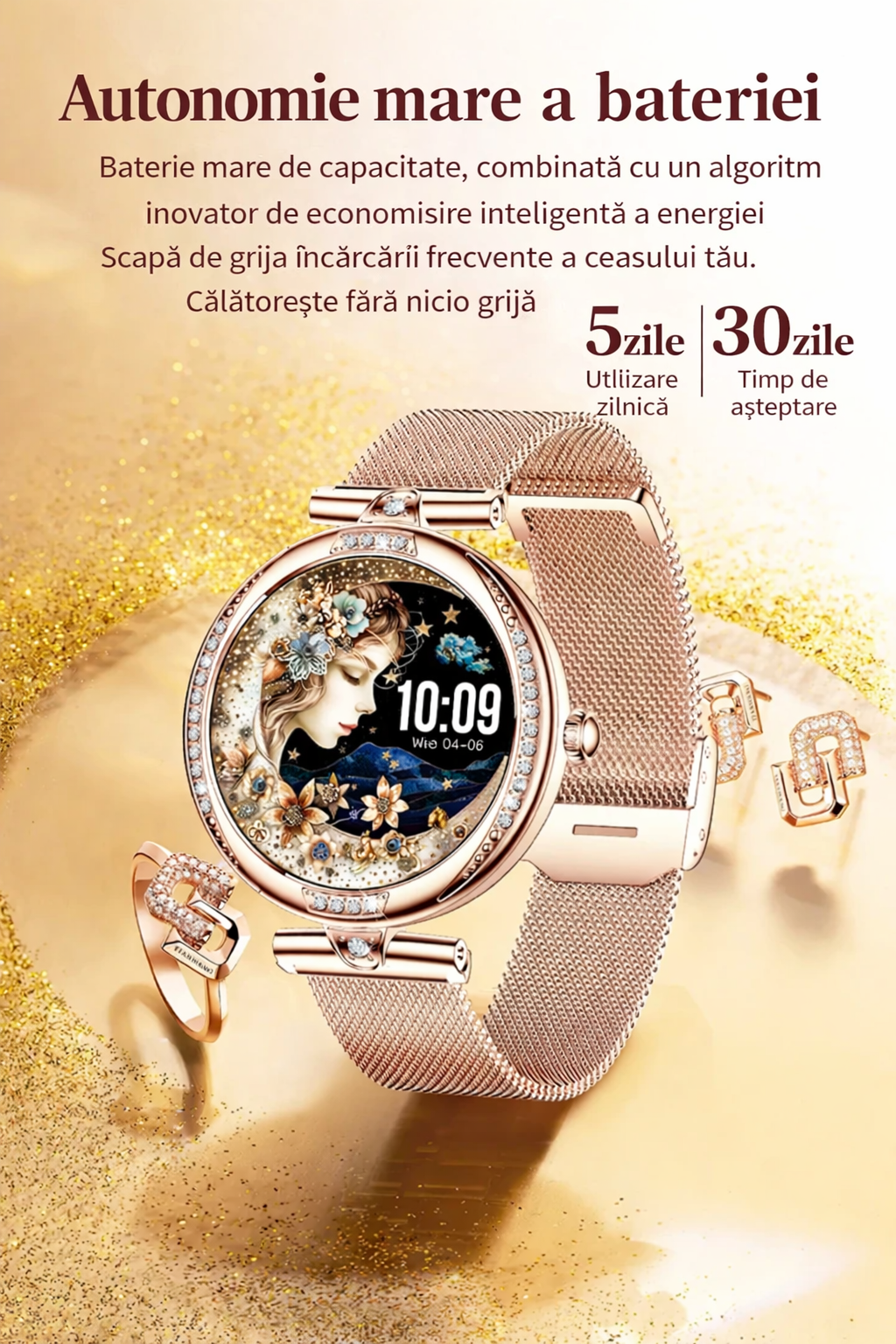 Smartwatch dama GBV Logic S333,cu 3 Curele Incluse, Ecran AMOLED 30mm, Monitorizare Puls, Somn,Oxigen, Fitness, Bluetooth,