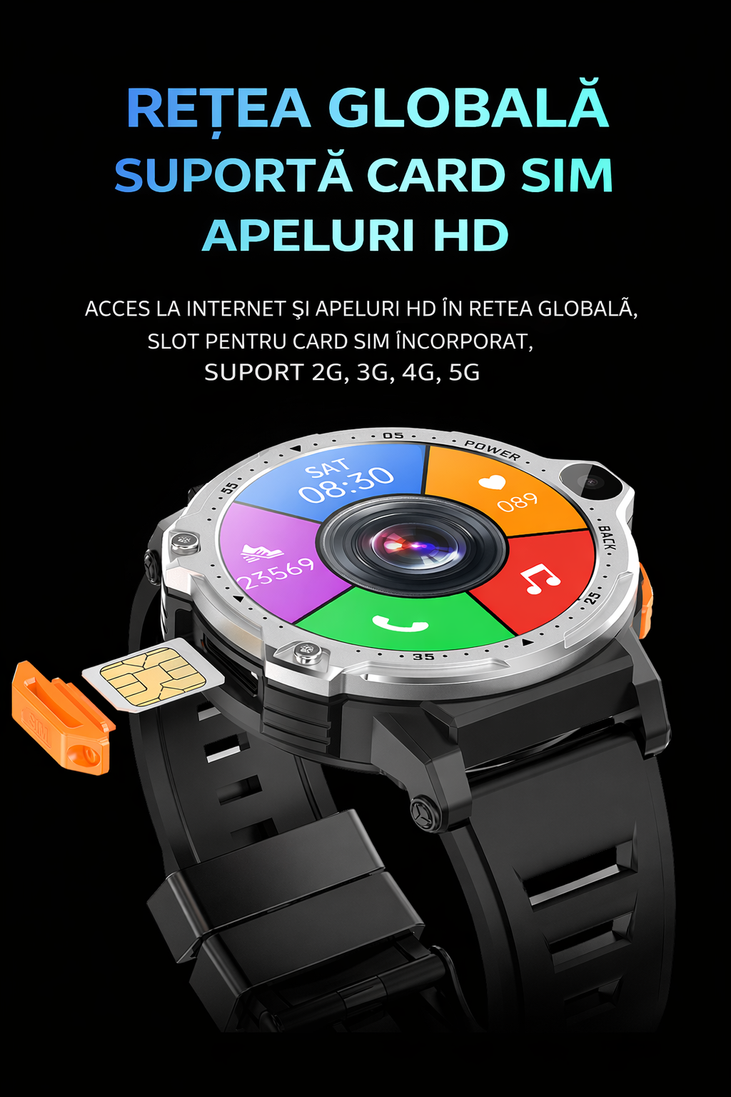 Smartwatch cu SIM și cameră foto GBV LOGIC PG999 2MP+8MP, sistem de operare android, display 1, 54 inch(39 mm), baterie 800 mAh, monitorizare ritm cardiac, moduri sport, tensiometru, memorie 16gb
