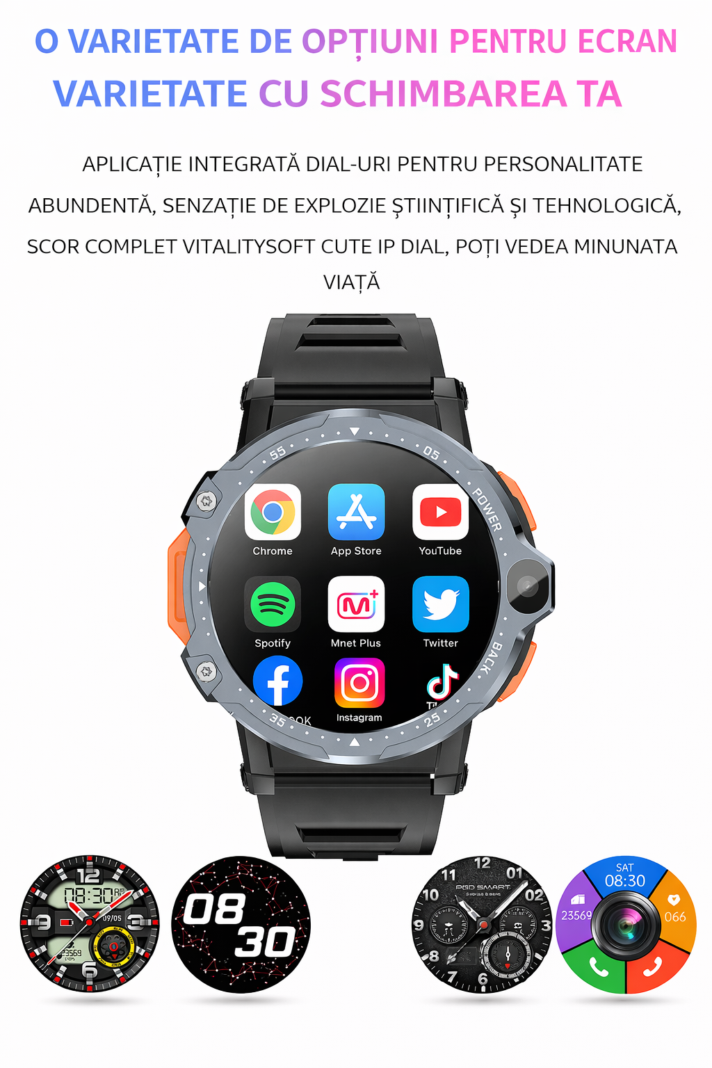 Smartwatch cu SIM și cameră foto GBV LOGIC PG999 2MP+8MP, sistem de operare android, display 1, 54 inch(39 mm), baterie 800 mAh, monitorizare ritm cardiac, moduri sport, tensiometru, memorie 16gb