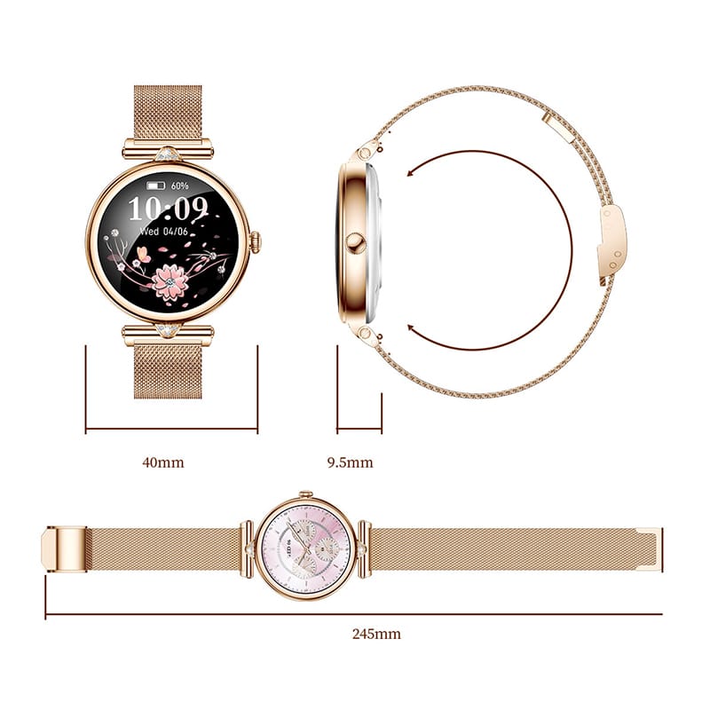 Smartwatch Dama GBV Logic AK73 Auriu, AMOLED 1.28 Inch, Apel Bluetooth, Monitorizare Puls, Oxigen Sange, Somn, IP68, 2 Curele, Android & iPhone