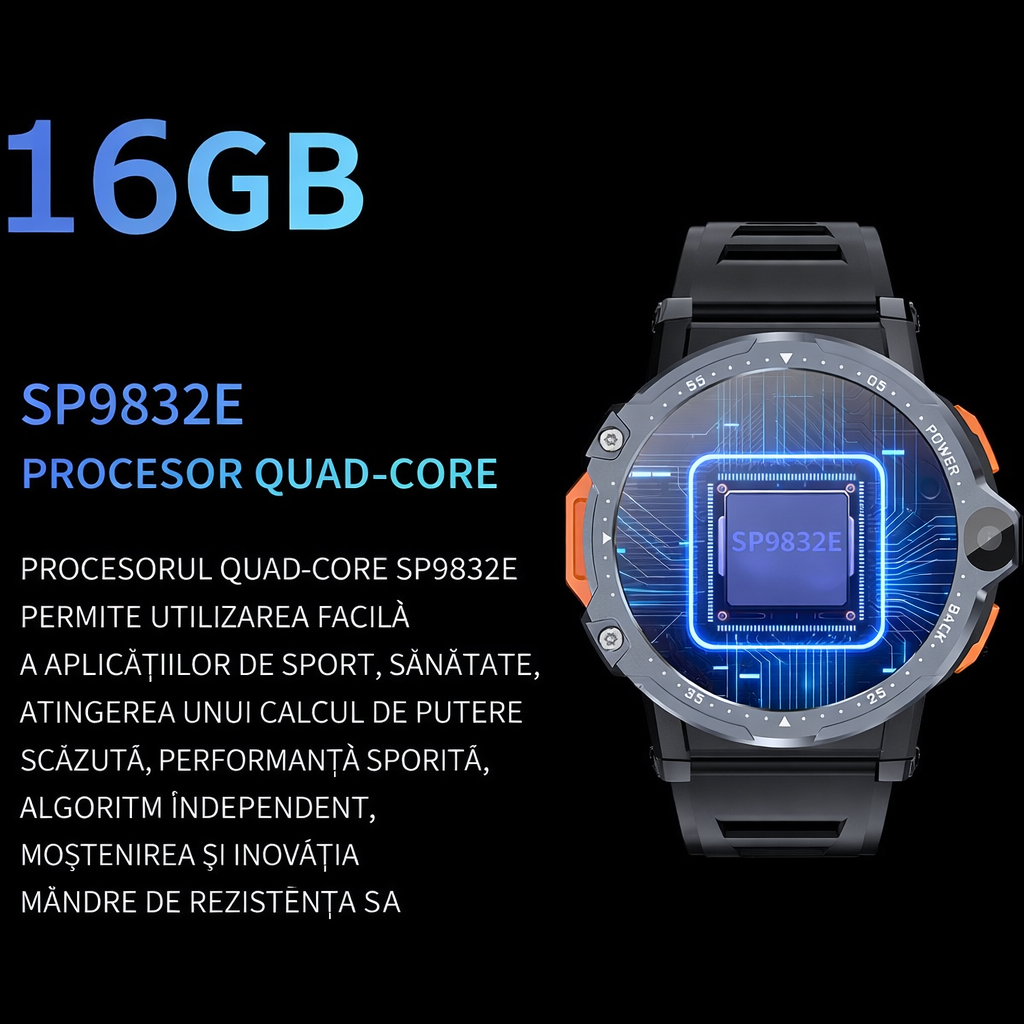 Smartwatch cu SIM și cameră foto GBV LOGIC PG999 2MP+8MP, sistem de operare android, display 1, 54 inch(39 mm), baterie 800 mAh, monitorizare ritm cardiac, moduri sport, tensiometru, memorie 16gb