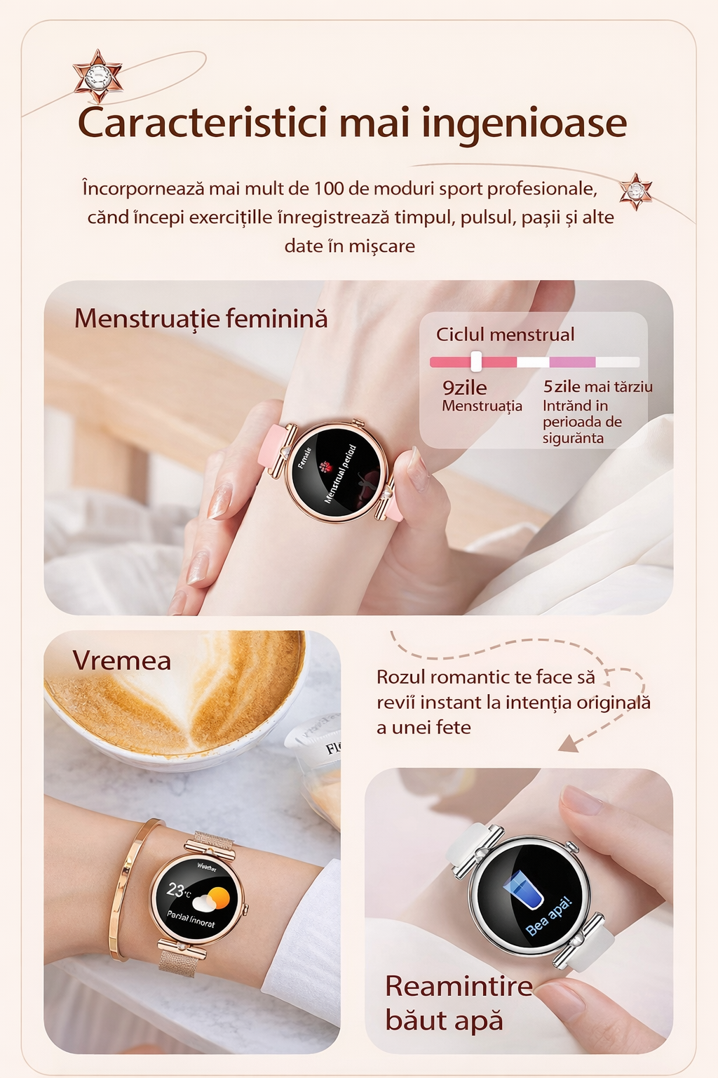 Smartwatch Dama GBV Logic AK73 Auriu, AMOLED 1.28 Inch, Apel Bluetooth, Monitorizare Puls, Oxigen Sange, Somn, IP68, 2 Curele, Android & iPhone