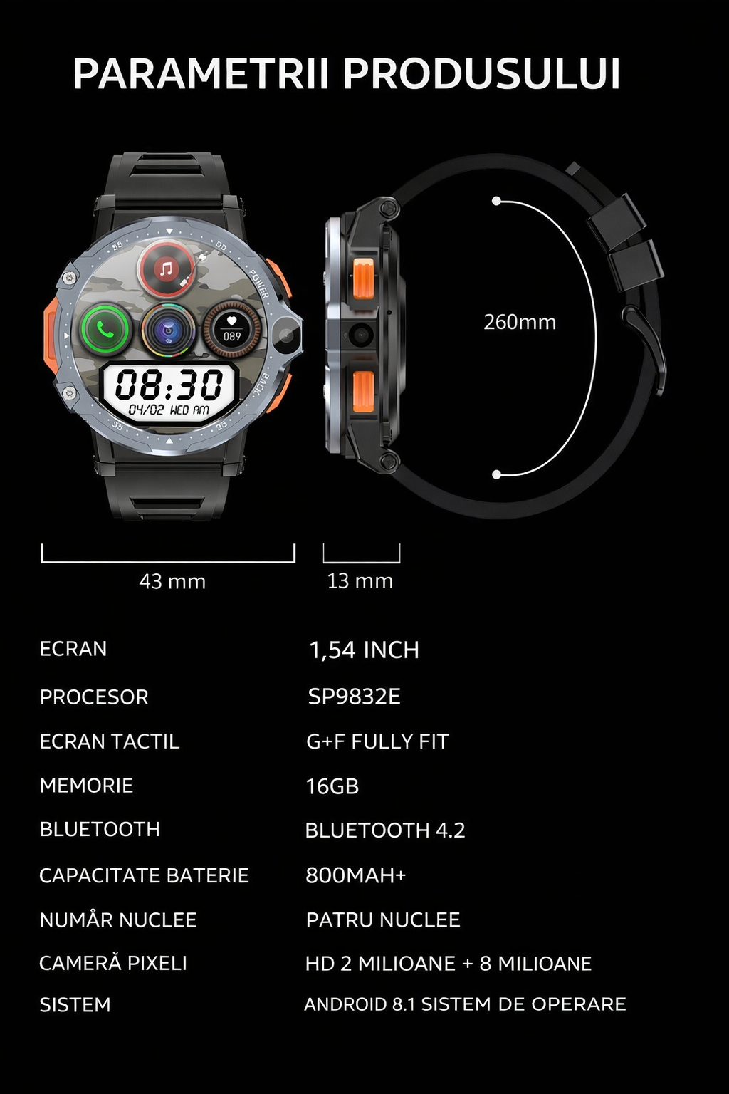 Smartwatch cu SIM și cameră foto GBV LOGIC PG999 2MP+8MP, sistem de operare android, display 1, 54 inch(39 mm), baterie 800 mAh, monitorizare ritm cardiac, moduri sport, tensiometru, memorie 16gb