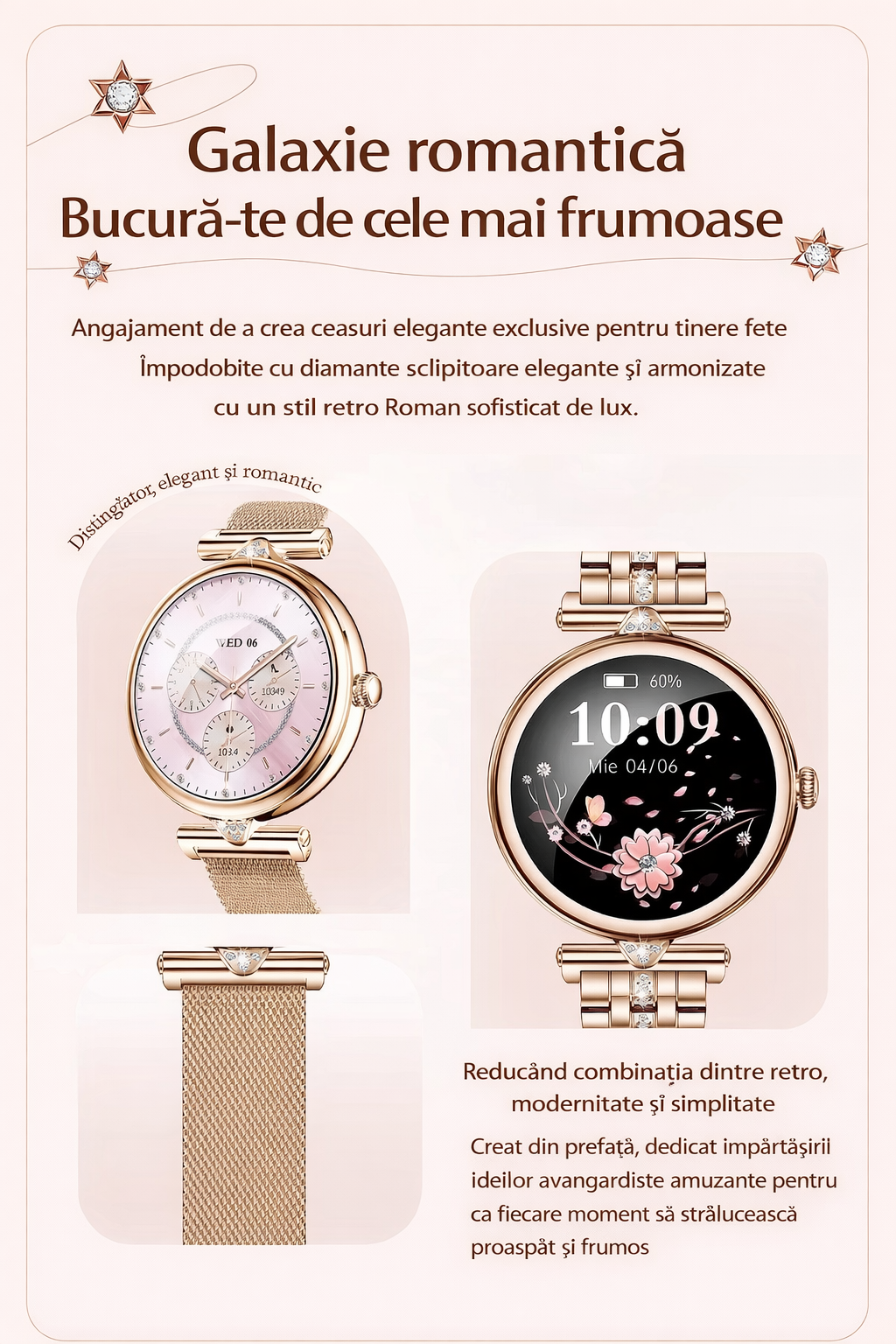 Smartwatch dama GBV Logic AK73, argintiu, ecran AMOLED 1.28 inch (32mm), Monitorizare puls, Oxigen Sange, Somn, 2 Curele