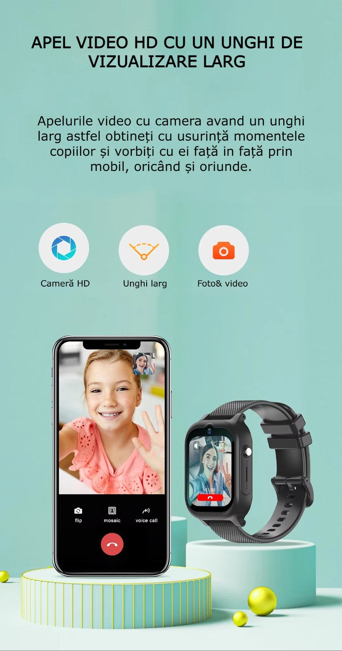 Smartwatch Copii 4G cu SIM GBV LOGIC, Apel Video, localizare GPS, Control Parental,buton SOS, Ecran Tactil 1.83 Inch, Functii de Siguranta, Baterie 700mAh