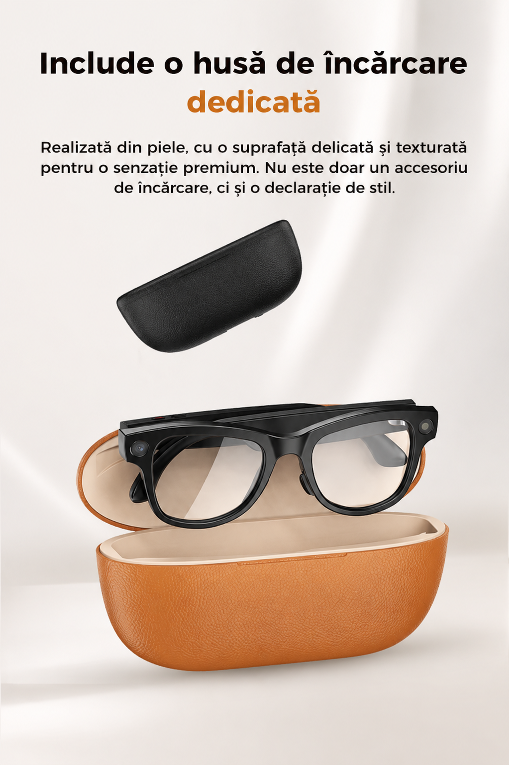 Ochelari Inteligenti AI GBV Logic GS 5MAX cu husa de incarcare, Camera Sony 8MP 4K HD, Traducere in Timp Real, Asistent AI, Apeluri Bluetooth 5.3, Microfon Dual, Lentile Fotocromatice, Husa Power Bank 3600mAh, IP54