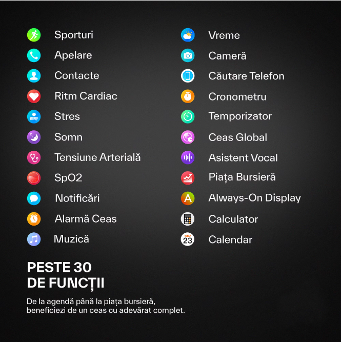 Smartwatch AMOLED GBV LOGIC VG40, Apel Bluetooth, Ritm Cardiac, Oxigen Sange, Monitorizare Somn, Fitness Tracker, Moduri Sportive, Android & iPhone