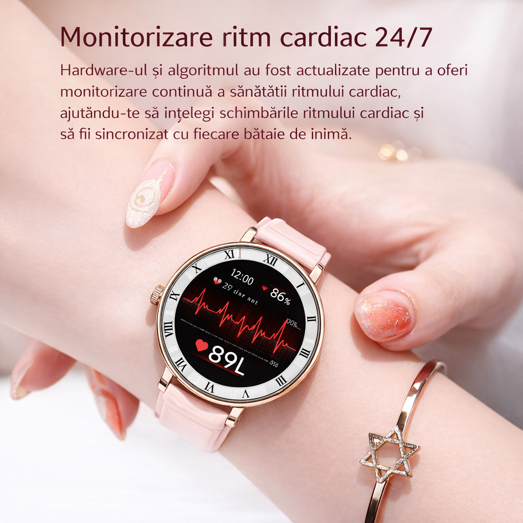 Smartwatch Dama GBV LOGIC AM20 Argintiu, Ecran AMOLED, Monitorizare Ritm Cardiac, Oxigen Sange, Tensiune Arteriala, Fitness Tracker, 3 Curele, Android & iPhone