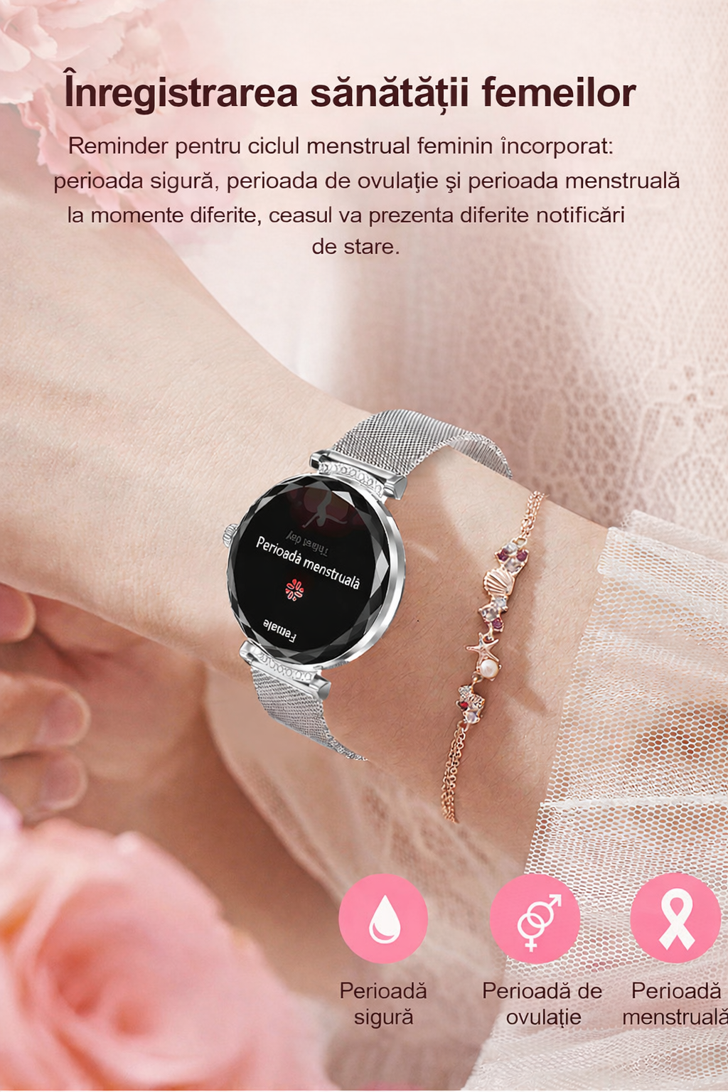 Smartwatch Dama GBV Logic S336,3 Curele Incluse, Ecran AMOLED 30mm, Monitorizare Puls, Somn,Oxigen, Fitness, Bluetooth,