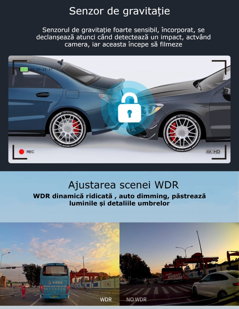 Camera Auto DVR 4K GBV LOGIC Fata-Spate, GPS Integrat, WiFi, Night Vision, Senzor Sony, Camera Spate Full HD, Ecran IPS 2.45 Inch