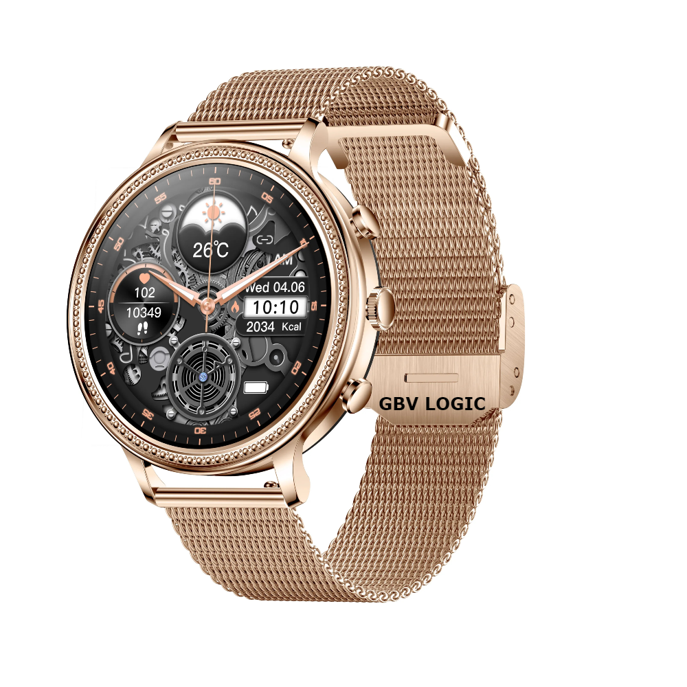 Smartwatch Dama GBV LOGIC SW20 Auriu, Apel Bluetooth, Monitorizare Somn, Ritm Cardiac, Oxigen Sange, Fitness Tracker, Notificari WhatsApp Facebook Instagram, Android & iPhone