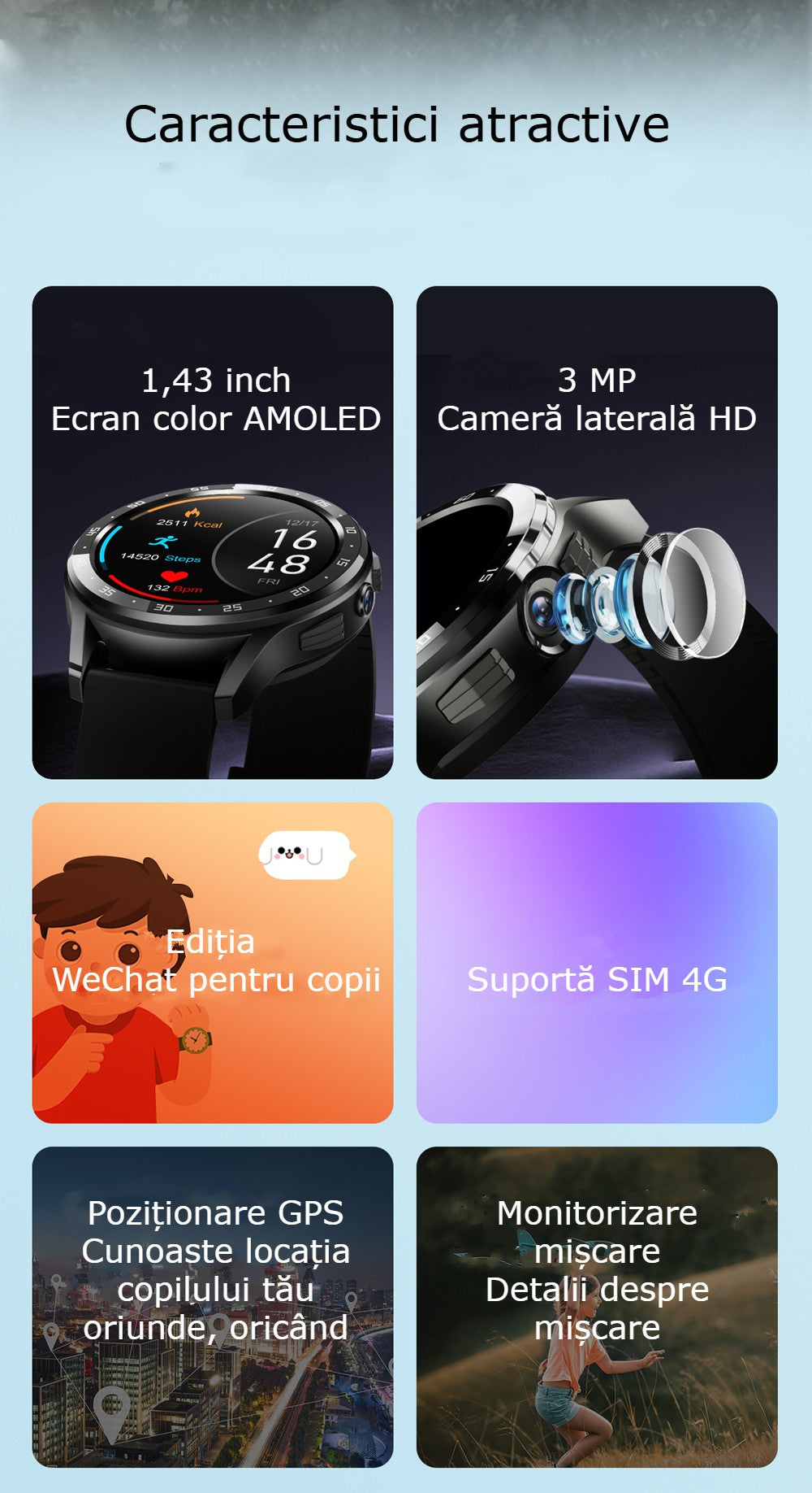 Smartwatch cu SIM și cameră foto GBV Logic X300 Plus – Android, 16GB, cameră 3MP, apeluri, GPS, AMOLED, monitorizare sănătate