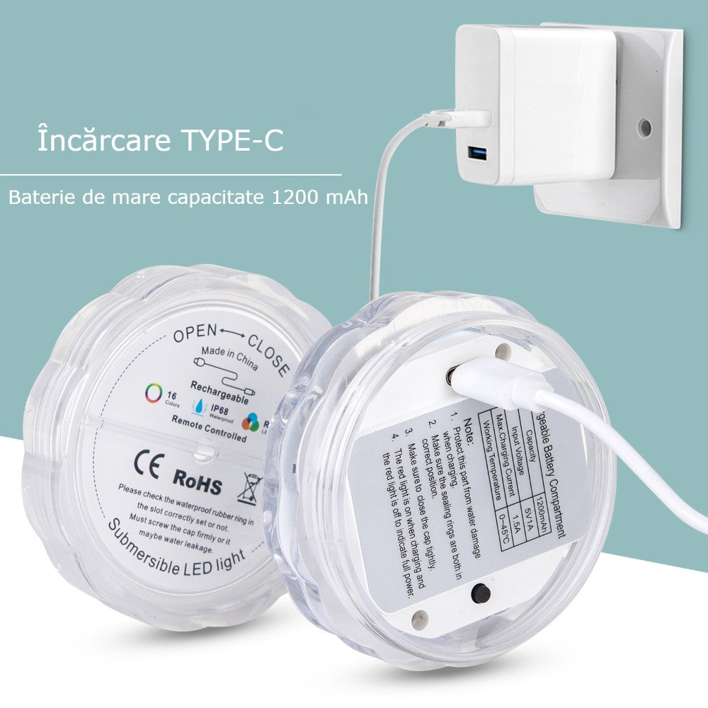 Lumina Subacvatica LED RGB GBV LOGIC cu Telecomanda, 16 Culori, IP68, pentru Piscina, Jacuzzi, Cada si Acvariu, Reincarcabila, 10 LED-uri, Baterie 1200mAh