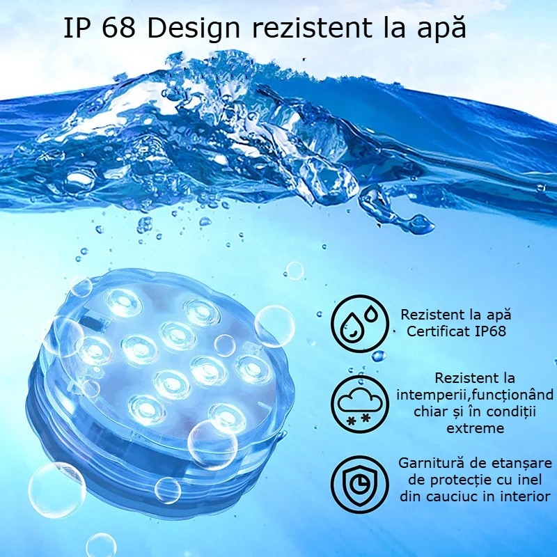 Lumina Subacvatica LED RGB GBV LOGIC cu Telecomanda, 16 Culori, IP68, pentru Piscina, Jacuzzi, Cada si Acvariu, Reincarcabila, 10 LED-uri, Baterie 1200mAh