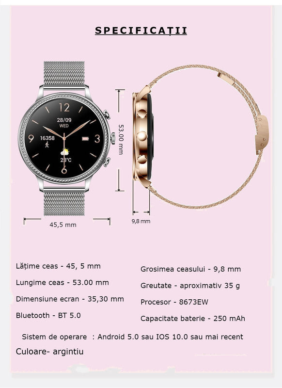 Ceas smartwatch dama GBV LOGIC SW20, argintiu, ecran rotund, rezolutie 360*360, conectare aplicatie, bluetooth, monitorizare somn, monitorizare fitness, ritm cardiac, saturatie de oxigen, notificari retele sociale